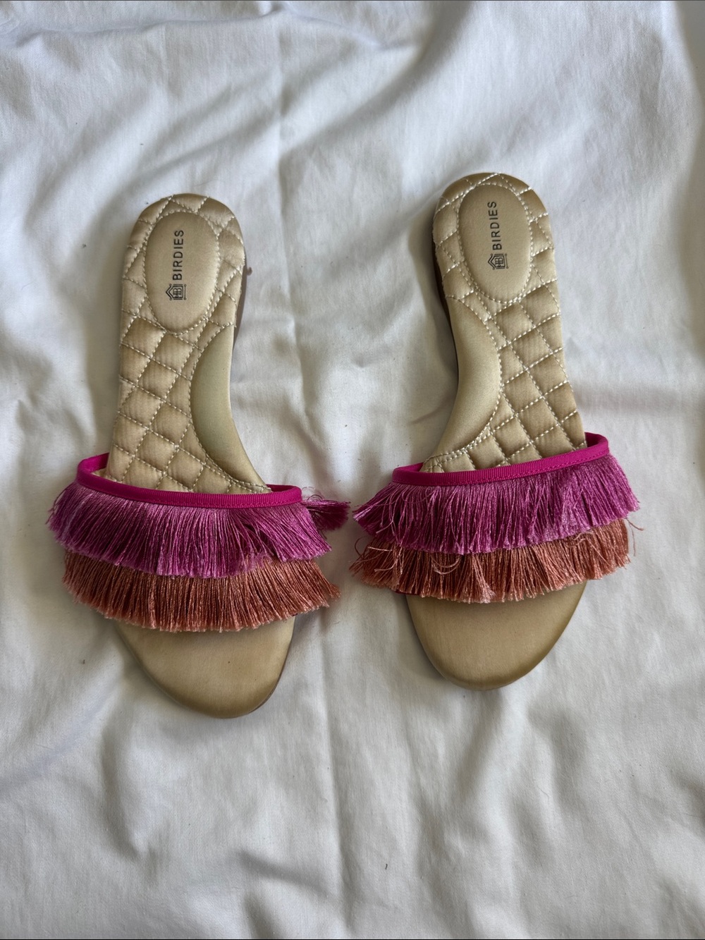 Birdies Pink and Peach Double Fringe Slide Sandals